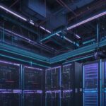 A futuristic data center at twilight with rows of server racks glowing in neon blue and amber, featuring large cooling fans and a high-tech industrial aesthetic.