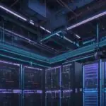 A futuristic data center at twilight with rows of server racks glowing in neon blue and amber, featuring large cooling fans and a high-tech industrial aesthetic.
