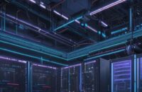 A futuristic data center at twilight with rows of server racks glowing in neon blue and amber, featuring large cooling fans and a high-tech industrial aesthetic.