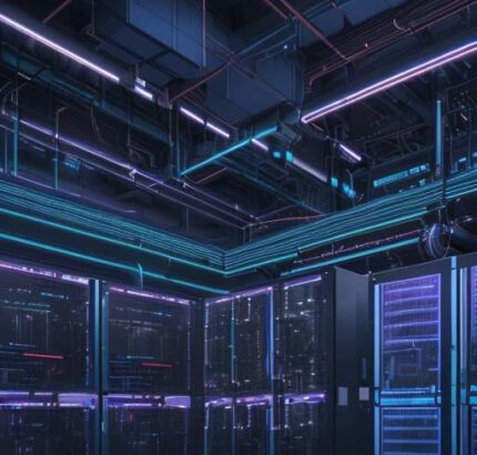 A futuristic data center at twilight with rows of server racks glowing in neon blue and amber, featuring large cooling fans and a high-tech industrial aesthetic.