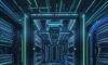 A futuristic data center with towering server racks glowing in neon blue and gold, featuring sleek metallic architecture and pulsing fiber optic cables to represent large-scale AI infrastructure.
