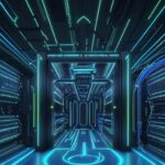 A futuristic data center with towering server racks glowing in neon blue and gold, featuring sleek metallic architecture and pulsing fiber optic cables to represent large-scale AI infrastructure.