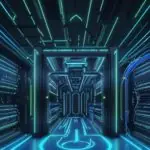 A futuristic data center with towering server racks glowing in neon blue and gold, featuring sleek metallic architecture and pulsing fiber optic cables to represent large-scale AI infrastructure.