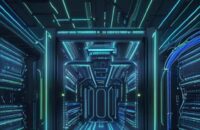 A futuristic data center with towering server racks glowing in neon blue and gold, featuring sleek metallic architecture and pulsing fiber optic cables to represent large-scale AI infrastructure.