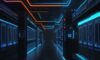 A futuristic, high-tech data center at night featuring sleek black server racks illuminated by glowing blue and amber fiber optic cables reflecting off a polished dark glass floor.