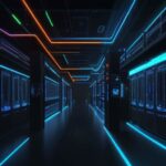 A futuristic, high-tech data center at night featuring sleek black server racks illuminated by glowing blue and amber fiber optic cables reflecting off a polished dark glass floor.