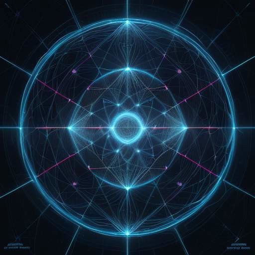 A glowing digital neural network with golden and blue light pulses flowing through a web of interconnected nodes, symbolizing artificial intelligence and complex data processing.
