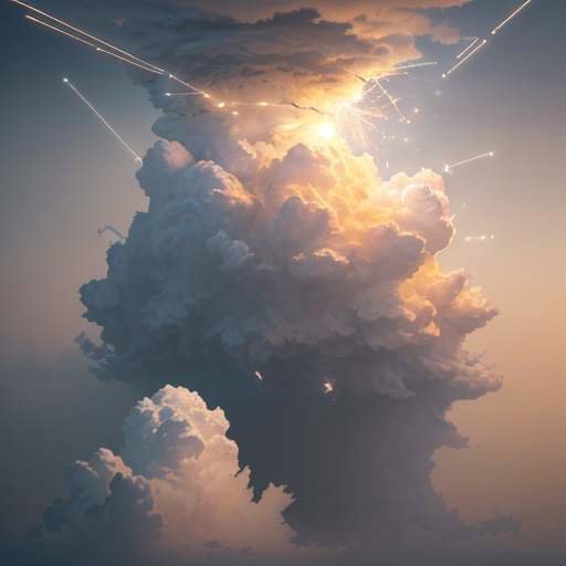 A glowing white cloud releases beams of golden light through high-tech lenses, filtering them into small sparks that land on city blocks below to symbolize data filtering at the edge.