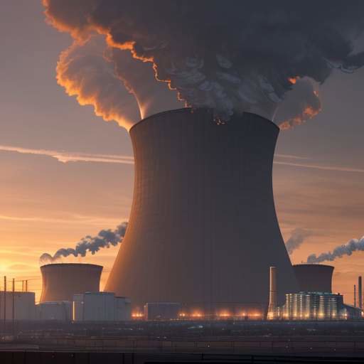 A high-tech industrial complex featuring a glowing nuclear reactor core integrated with a massive data center, with cooling towers emitting steam against a dramatic sunset.