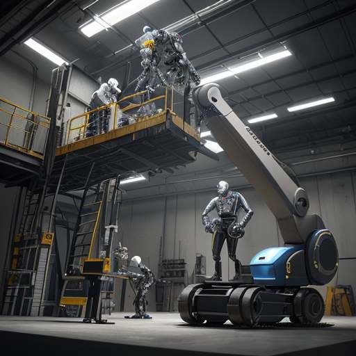 A human technician and a sleek industrial robot arm work together to repair a complex mechanical engine in a modern workshop with sparks flying in the background.