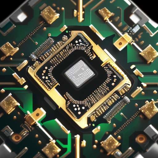 A macro, photorealistic shot of a high-end GPU chip on a circuit board, featuring intricate gold and silver circuitry and metallic components under soft lighting.