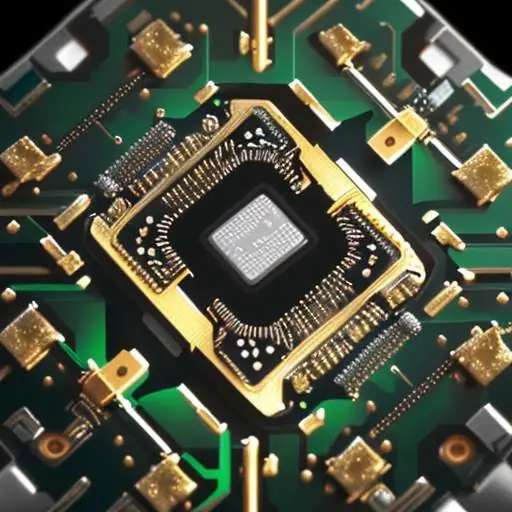 A macro, photorealistic shot of a high-end GPU chip on a circuit board, featuring intricate gold and silver circuitry and metallic components under soft lighting.