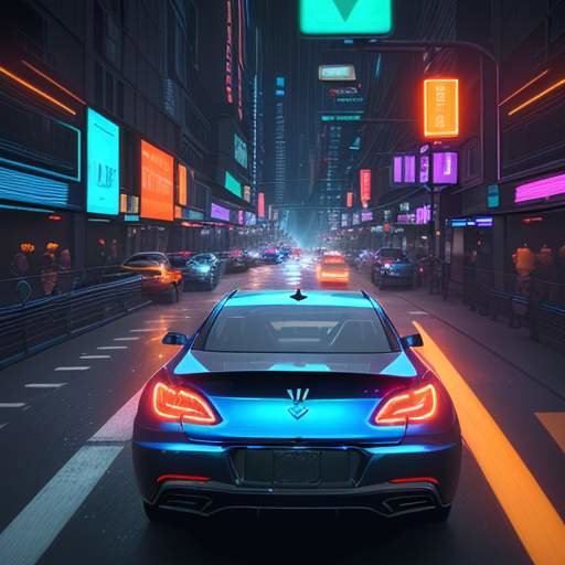 A photorealistic, cinematic shot of an autonomous vehicle navigating a neon-lit city at night, featuring glowing holographic overlays highlighting pedestrians and obstacles in blue and orange.