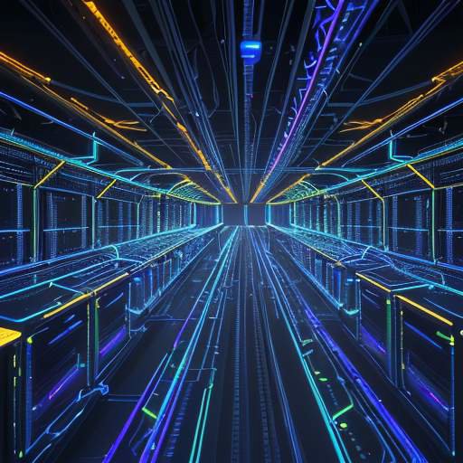 A photorealistic close-up of a futuristic server rack in a dim data center, glowing with blue and amber lights with holographic code and equations floating in the air.