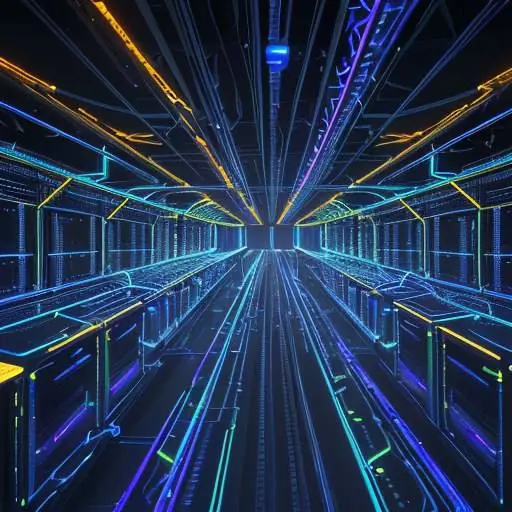 A photorealistic close-up of a futuristic server rack in a dim data center, glowing with blue and amber lights with holographic code and equations floating in the air.