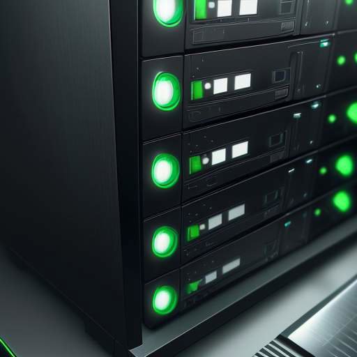 A photorealistic close-up of a high-tech matte black server rack with glowing green status lights in a modern data center.