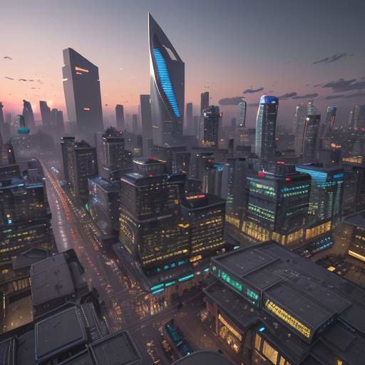 A photorealistic dusk skyline featuring a vibrant, glowing marketplace of small stalls in the foreground contrasted against massive, looming monolithic skyscrapers in the background.