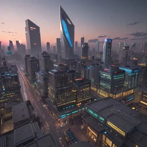 A photorealistic dusk skyline featuring a vibrant, glowing marketplace of small stalls in the foreground contrasted against massive, looming monolithic skyscrapers in the background.