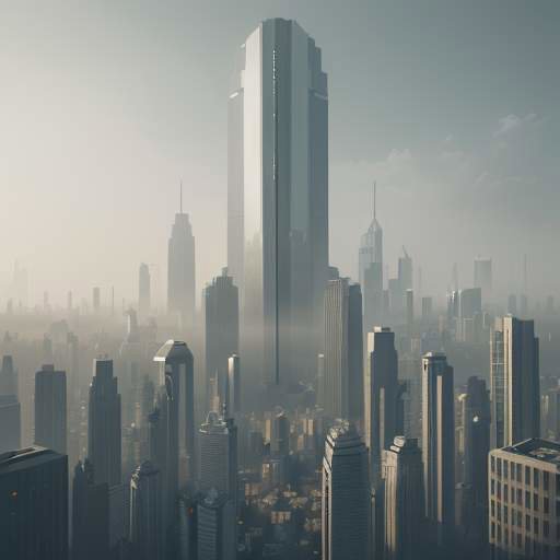 A photorealistic, symmetrical futuristic metropolis with identical skyscrapers and a hazy atmosphere, symbolizing systemic uniformity and the risks of standardized financial models.