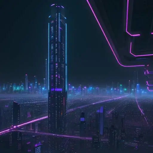 A photorealistic, wide-angle night view of a futuristic smart city with neon lights and glowing digital data lines weaving through buildings, symbolizing a connected infrastructure.