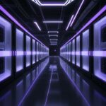 A photorealistic wide shot of a futuristic data center with rows of sleek black server racks illuminated by blue and violet neon lights, featuring organized fiber optic cables on a polished floor.