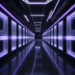 A photorealistic wide shot of a futuristic data center with rows of sleek black server racks illuminated by blue and violet neon lights, featuring organized fiber optic cables on a polished floor.
