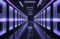 A photorealistic wide shot of a futuristic data center with rows of sleek black server racks illuminated by blue and violet neon lights, featuring organized fiber optic cables on a polished floor.