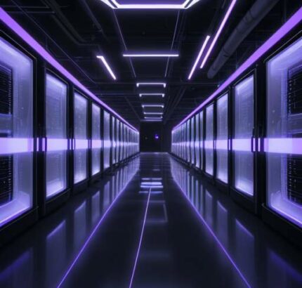 A photorealistic wide shot of a futuristic data center with rows of sleek black server racks illuminated by blue and violet neon lights, featuring organized fiber optic cables on a polished floor.