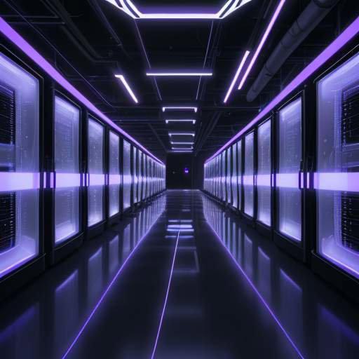 A photorealistic wide shot of a futuristic data center with rows of sleek black server racks illuminated by blue and violet neon lights, featuring organized fiber optic cables on a polished floor.
