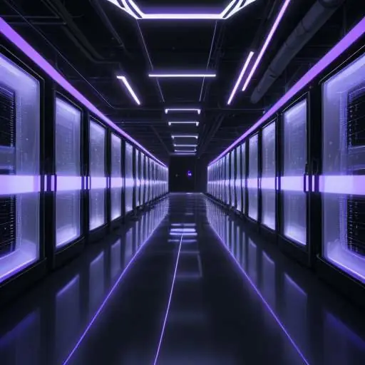 A photorealistic wide shot of a futuristic data center with rows of sleek black server racks illuminated by blue and violet neon lights, featuring organized fiber optic cables on a polished floor.