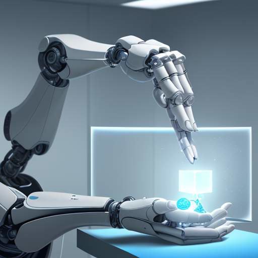 A robotic arm and a human hand reach toward a glowing cube containing a DNA strand in a high-tech medical laboratory, symbolizing the fusion of human oversight and advanced technology.