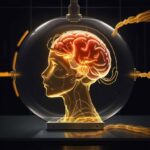 A split glowing brain in a high-tech lab; one half is locked inside a glass cage, while the other is open and connected to a vast network of data points.