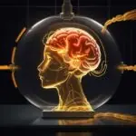 A split glowing brain in a high-tech lab; one half is locked inside a glass cage, while the other is open and connected to a vast network of data points.