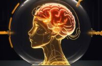 A split glowing brain in a high-tech lab; one half is locked inside a glass cage, while the other is open and connected to a vast network of data points.