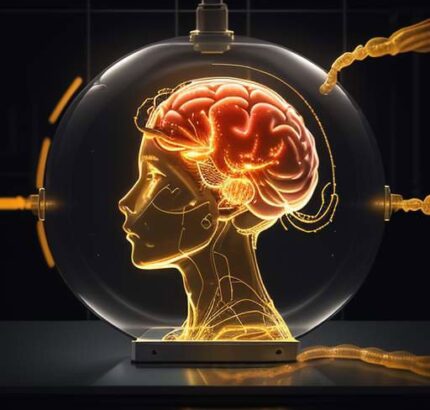 A split glowing brain in a high-tech lab; one half is locked inside a glass cage, while the other is open and connected to a vast network of data points.