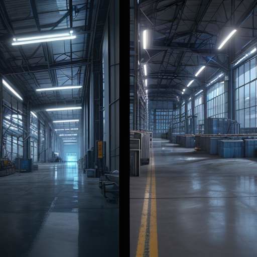 A split-screen comparison showing a glowing blue holographic wireframe of a warehouse on the left and a photorealistic industrial facility with robots and workers on the right, illustrating the concept of a digital twin.
