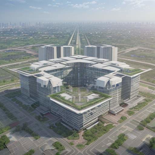 Aerial view of Gujarat's futuristic AI research park with glass buildings, green courtyards, glowing fiber-optic pathways, solar-powered microgrid hub, and distant wind farms under bright midday sun