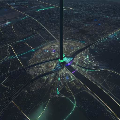 An aerial 3D map of a futuristic smart city at night, featuring a dense web of glowing lights representing interconnected devices and infrastructure under a starry sky.