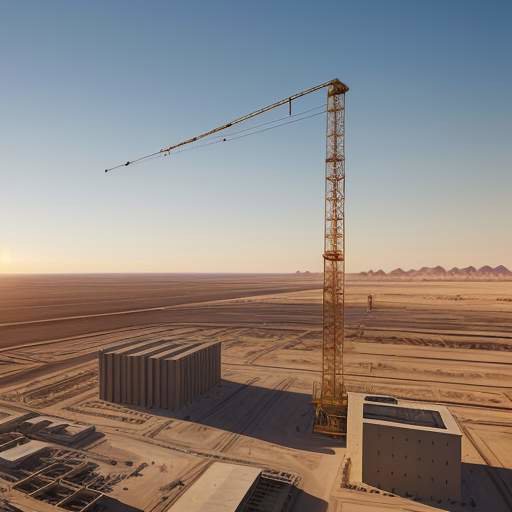 An aerial cinematic view of a massive, modern data center under construction in a vast desert during golden hour, featuring metallic structures and distant cranes against an orange sky.