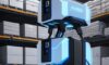 Autonomous mobile robots with glowing blue accents and lidar sensors navigating a futuristic, high-tech warehouse filled with organized shelves.