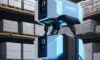 Autonomous mobile robots with glowing blue accents and lidar sensors navigating a futuristic, high-tech warehouse filled with organized shelves.