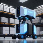Autonomous mobile robots with glowing blue accents and lidar sensors navigating a futuristic, high-tech warehouse filled with organized shelves.
