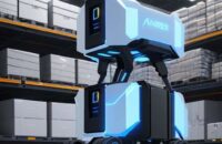 Autonomous mobile robots with glowing blue accents and lidar sensors navigating a futuristic, high-tech warehouse filled with organized shelves.