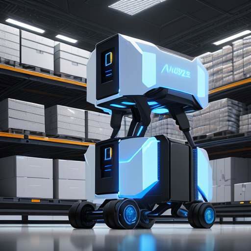 Autonomous mobile robots with glowing blue accents and lidar sensors navigating a futuristic, high-tech warehouse filled with organized shelves.