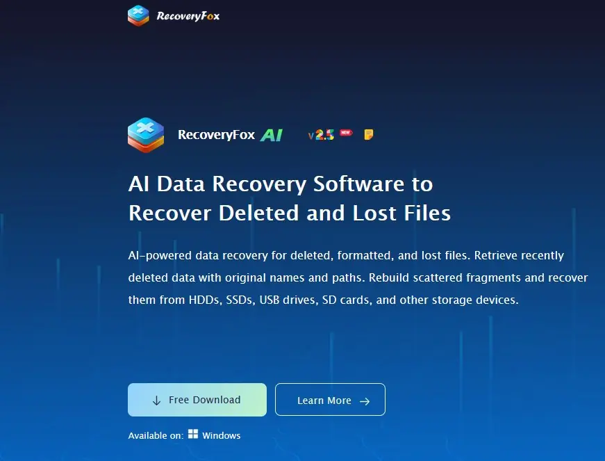 RecoveryFox AI website: AI data recovery software for deleted and lost files