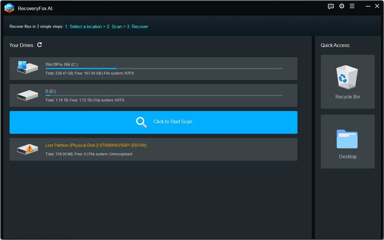 RecoveryFox AI main window listing the drives and partitions to scan