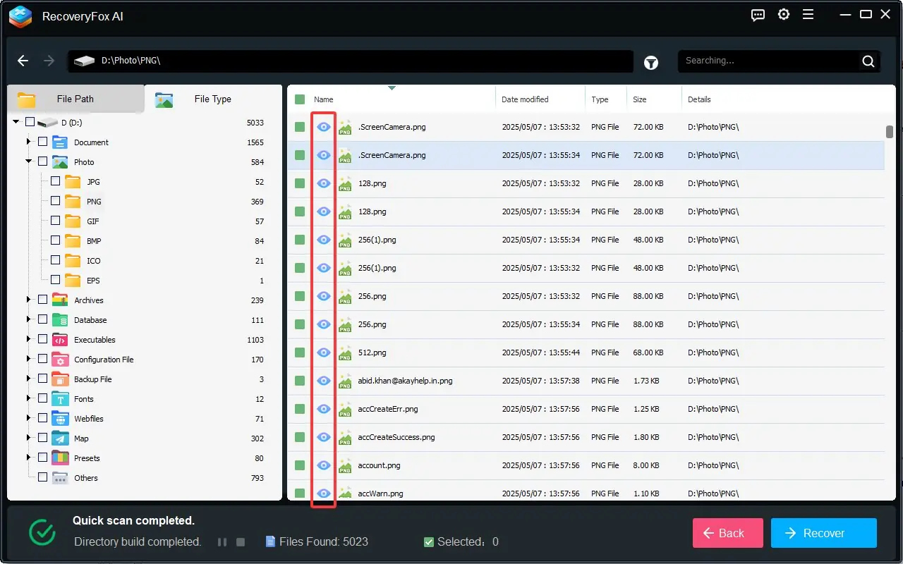 RecoveryFox AI scan results with found files ready to recover