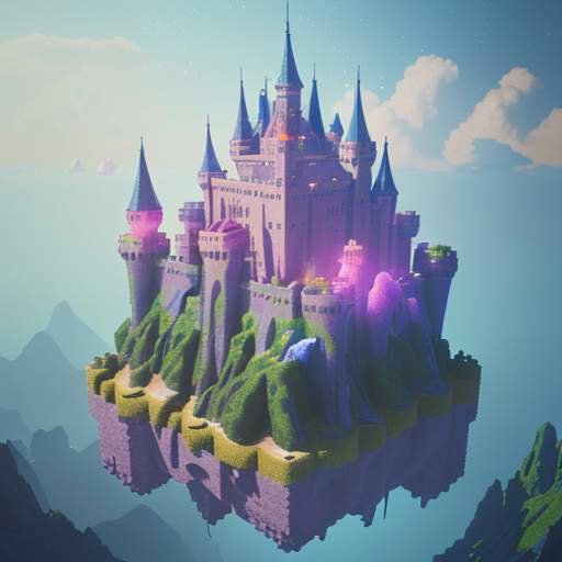 A 3D rendered fantasy world where a character builds a castle from blocks among floating islands and sparkling particles.