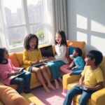 A diverse group of children laughing and playing educational games on tablets while sitting together on a cozy sofa in a sunlit modern living room.