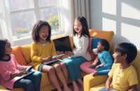 A diverse group of children laughing and playing educational games on tablets while sitting together on a cozy sofa in a sunlit modern living room.